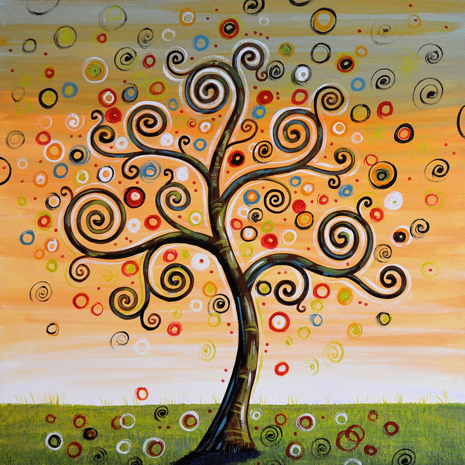 Painting of a whimsical tree with colorful swirling circles